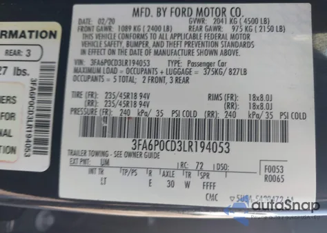 2020 Ford Fusion Sel из США, поврежденный, VIN 3FA6P0CD3LR194053